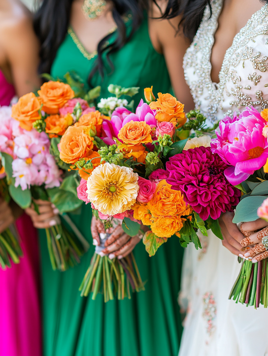Bridesmaids in green dresses holding bright pinks and orange flowers