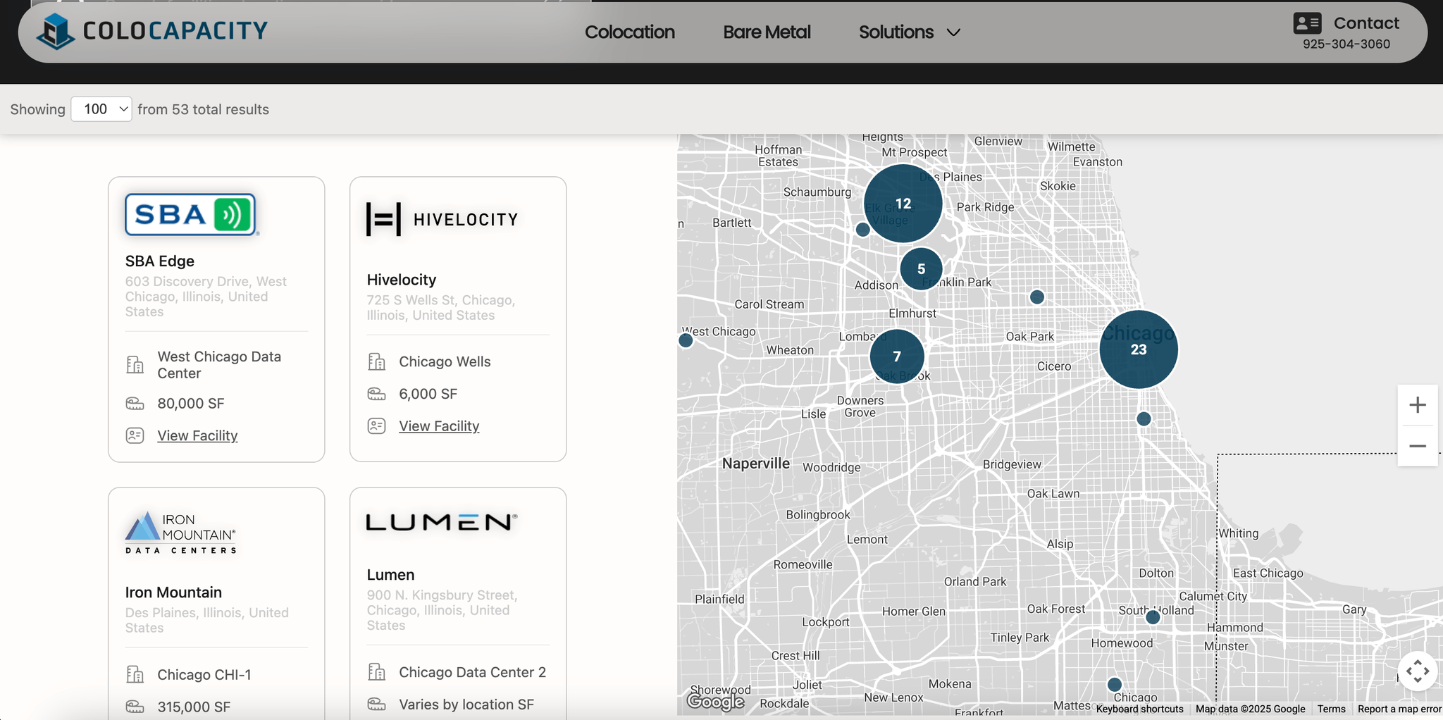 Screenshot of Colo Capacity website showing available data centers