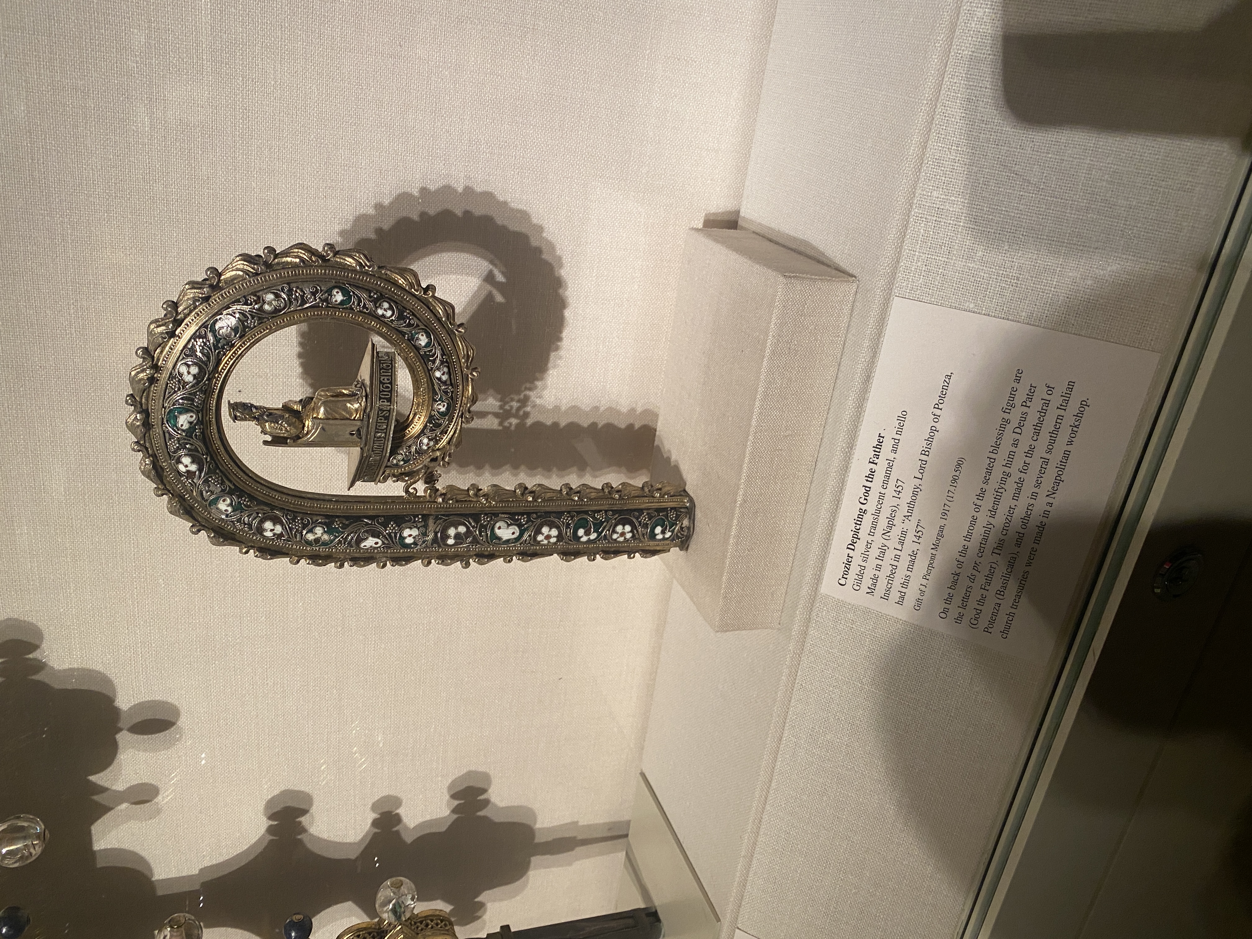 Crozier (curly bishop staff) on display in an art museum