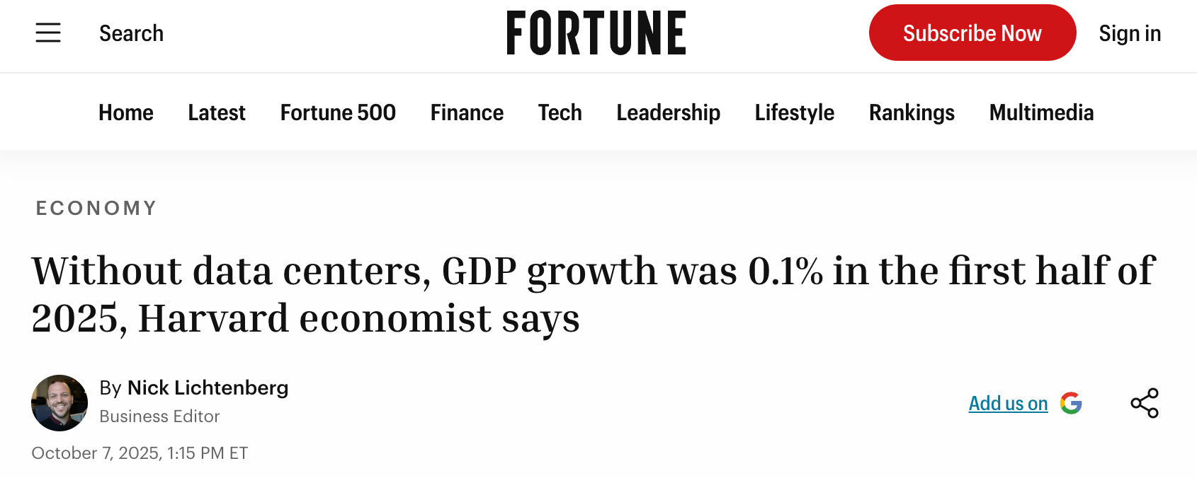 Fortune: Without data centers, GDP growth was 0.1% in the first half of 2025, Harvard economist says