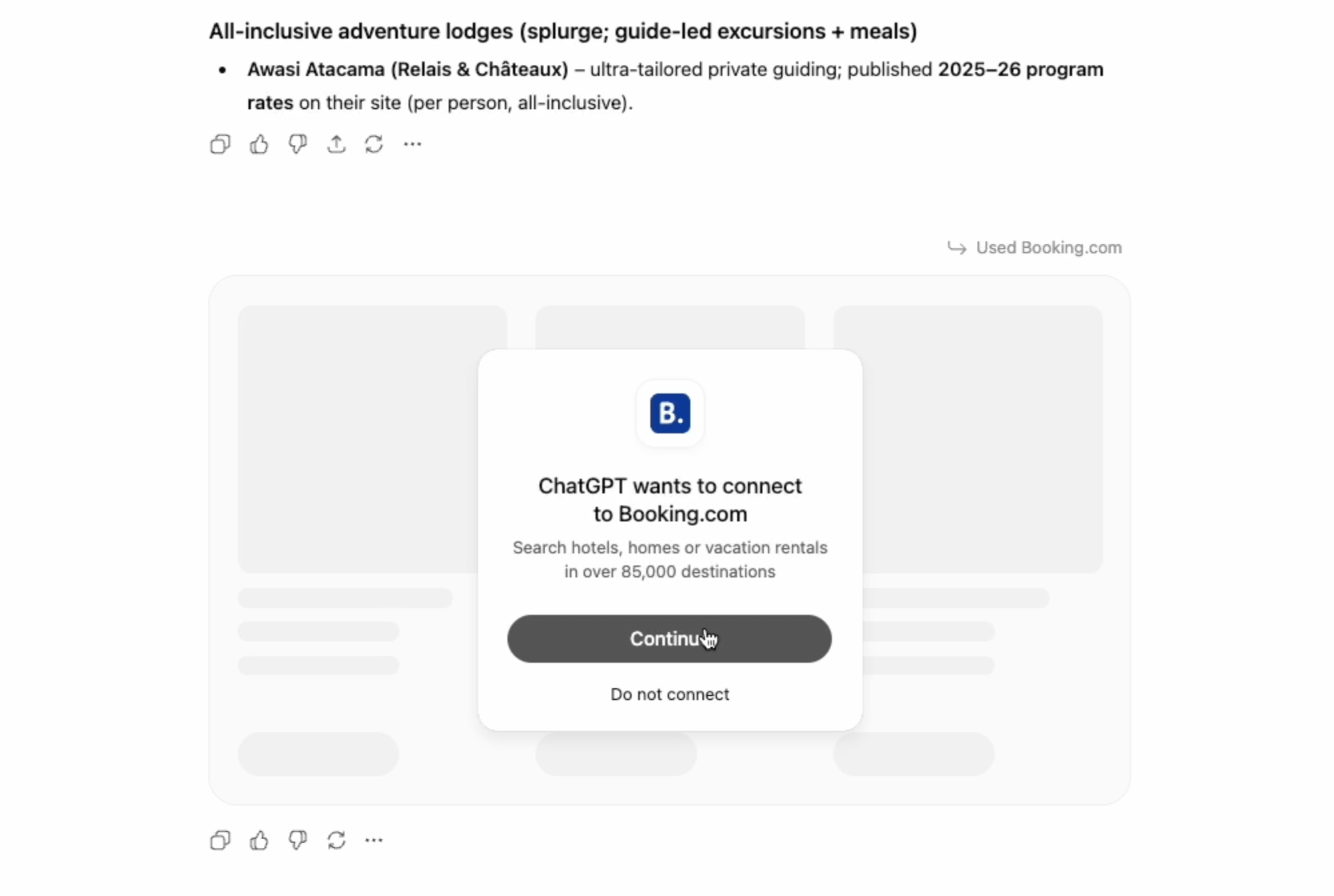 Screen showing an option to connect to Booking.com within ChatGPT