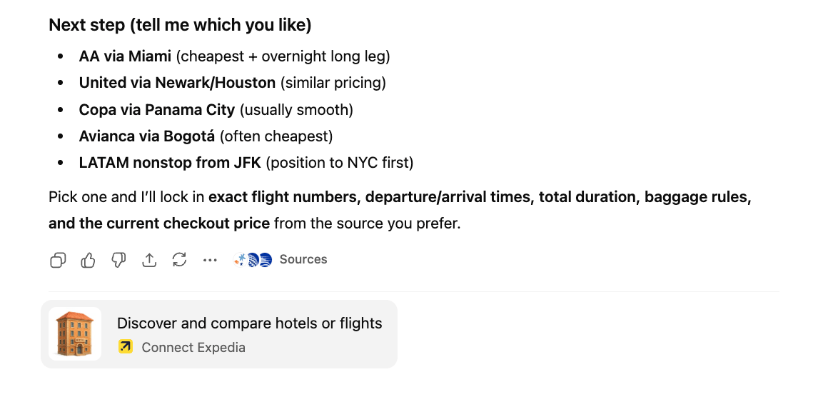 A screenshot showing that right below the Chat output, ChatGPT suggests to use Expedia.