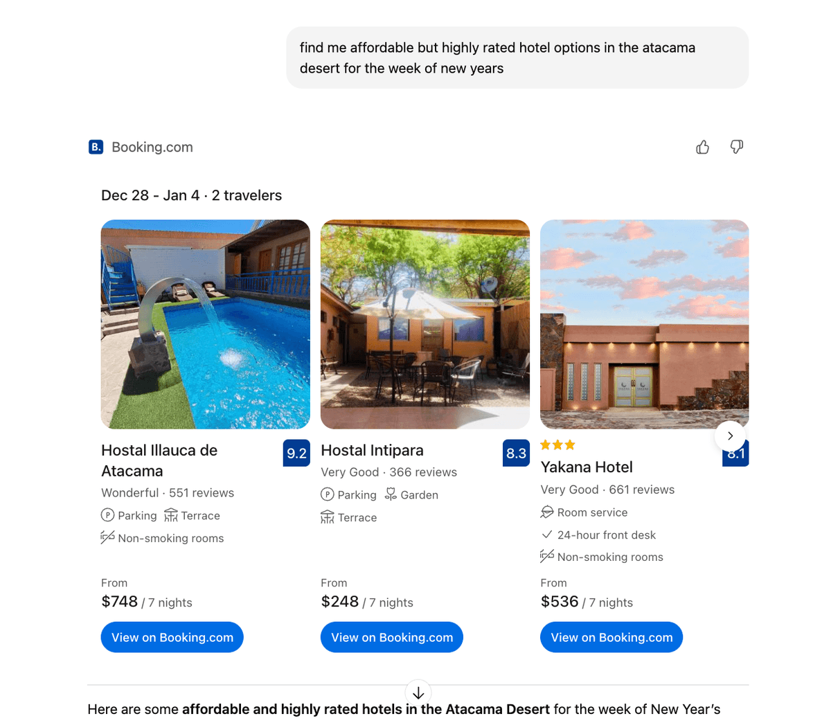 A screenshot of a Booking.com interface embedded in ChatGPT, showing hotel listings for two travelers staying from December 30 to January 2 in San Pedro de Atacama. Three accommodations are displayed: Hostal Malú — Rated 9.3, described as “Wonderful” with 12 reviews. Amenities include a terrace, non-smoking rooms, and internet services. Price: $180 for 3 nights. Hostal Illauca de Atacama — Rated 9.2, “Wonderful” with 551 reviews. Amenities include parking, terrace, and non-smoking rooms. Price: $320 for 3 nights. Hotel Kimal — Rated 8.9, “Excellent” with 625 reviews. Amenities include parking, restaurant, and room service. Price: $653 for 3 nights.
Each listing has a “View on Booking.com” button, and text below reads: “Here are some Booking.com listings for San Pedro de Atacama (Dec 30 – Jan 2).”