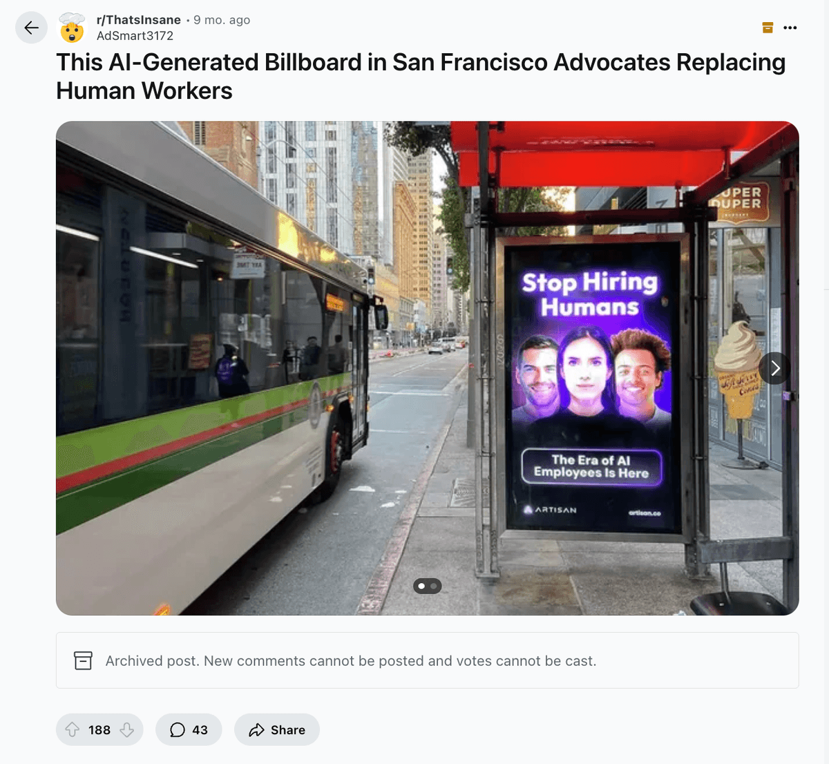 Stop Hiring Humans billboard ad, as posted on reddit