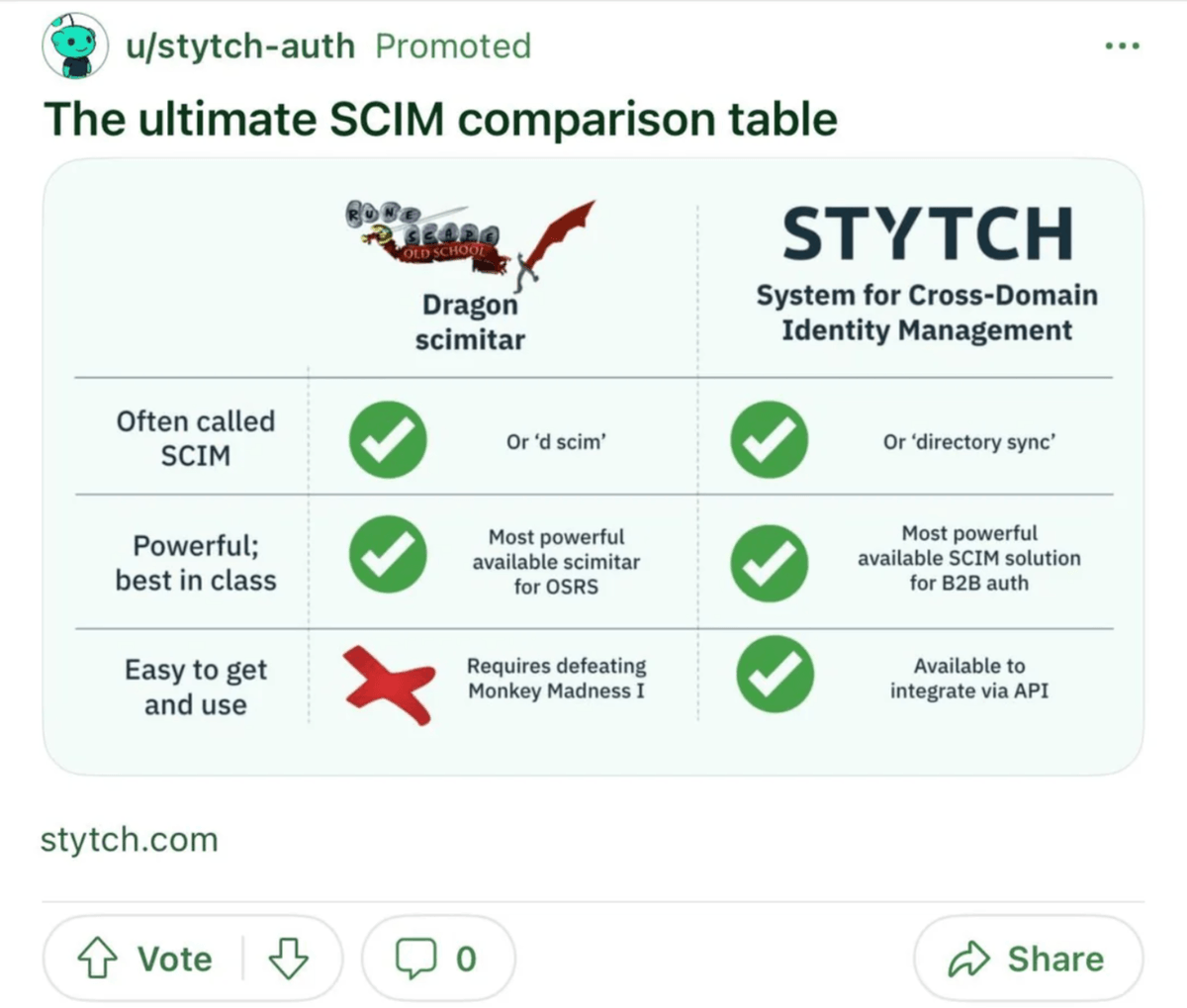 Reddit ad showing the ultimate SCIM comparison table, between Stytch's SCIM product and the OSRS dragon scimitar